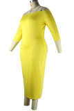Желтая повседневная однотонная пэчворк без пояса Юбка с открытыми плечами Платья больших размеров (без пояса)