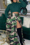 Grey Casual Camouflage Print Patchwork Slit Zipper Regular High Waist Skirts (Subject To The Actual Object)