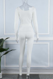 Witte casual sportkleding Effen patchwork V-hals, twee stukken met lange mouwen