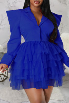 Красочные синие повседневные уличные однотонные лоскутные платья трапециевидной формы с отложным воротником и воротником-стойкой