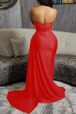 Red Party Formal Patchwork Solid Slit Strapless Dresses