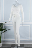 Witte casual sportkleding Effen patchwork V-hals, twee stukken met lange mouwen