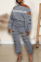 Grey Street Print Ripped Letter Oblique Collar Long Sleeve Two Pieces