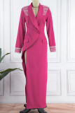 Rose Red Promis Elegant Solid Patchwork Buttons Turn-Back-Kragen Abendkleid Kleider
