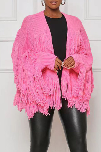 Vêtement d'extérieur à col cardigan en patchwork à pampilles décontractées rose