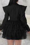 Черные повседневные уличные однотонные лоскутные платья трапециевидной формы с отложным воротником и воротником-стойкой
