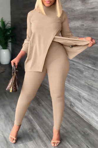 Khaki Casual Daily Solid Slit Turtleneck Long Sleeve Two Pieces