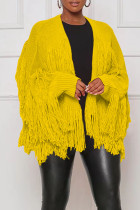 Prendas de abrigo de cuello de cárdigan de retazos de borla sólida informal amarillo