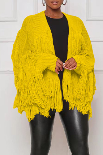 Vêtement d'extérieur à col cardigan en patchwork à pompon uni décontracté jaune