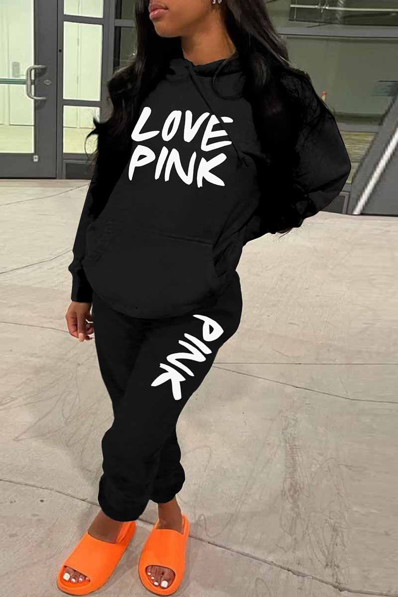 

Black Casual Print Letter Hooded Collar Long Sleeve Two Pieces