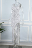 Witte sexy elegante effen kwast pailletten patchwork split U-hals avondjurk jurken