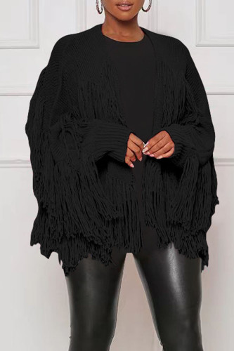 Black Casual Solid Tassel Patchwork Cardigan Collar Outerwear