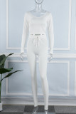 Weiße lässige Sportbekleidung Solide Patchwork V-Ausschnitt Langarm Zweiteiler