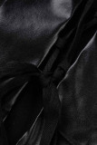 Schwarze, sexy, solide Verband-Patchwork-Schnalle mit Umlegekragen und geraden Kleidern