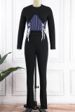 Black Casual Sportswear Striped Print Bandage Patchwork O Neck Long Sleeve Two Pieces