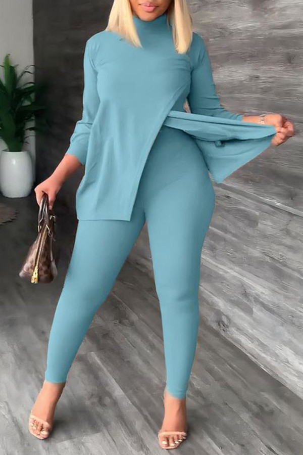 Blue Casual Daily Solid Slit Turtleneck Long Sleeve Two Pieces