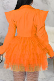 Tangerine Red Casual Street Solid Patchwork Turn-back Kraag A-lijn jurken