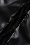 Schwarze, sexy, solide Verband-Patchwork-Schnalle mit Umlegekragen und geraden Kleidern