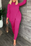 Rose Red Casual Daily Solid Slit Turtleneck Long Sleeve Two Pieces