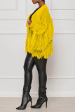 Yellow Casual Solid Tassel Patchwork Cardigan Collar Outerwear
