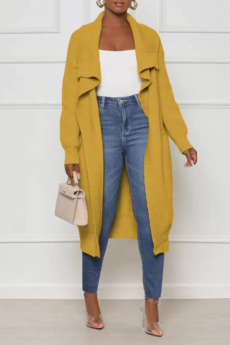 Yellow Casual Cardigan Collar Long Sleeve Knitted Sweater Jackets