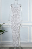 Weiß Sexy Elegant Solid Quaste Pailletten Patchwork Schlitz U-Ausschnitt Abendkleid Kleider