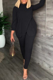 Black Casual Daily Solid Slit Turtleneck Long Sleeve Two Pieces