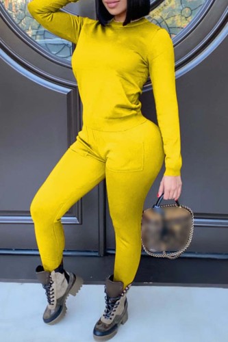 Yellow Casual Solid Basic O Neck Long Sleeve Two Pieces