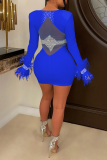 Синее сексуальное прозрачное платье-юбка-карандаш с кисточками и круглым вырезом