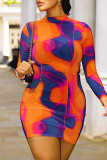 Vestidos de falda lápiz de cuello alto transparentes de patchwork con estampado sexy naranja