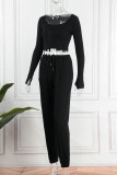 Черный Повседневная спортивная одежда Однотонный Пэчворк U-образный вырез Длинный рукав Из двух частей