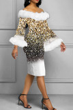 Золотые элегантные лоскутные перья с принтом и открытыми плечами Платья с юбкой на один шаг