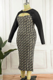 Черная элегантная выдолбленная лоскутная юбка с круглым вырезом и принтом Платья больших размеров