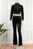 ブラックカジュアルソリッド刺繡ジッパーカラー長袖ツーピース