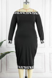 Falda de un solo paso con hombros descubiertos y estampado casual negro Vestidos de talla grande