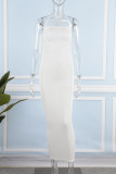 Небесно-голубое сексуальное сплошное бинтовое длинное платье с открытой спиной на тонких бретельках Платья