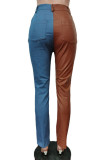 Dark Brown Casual Solid Patchwork High Waist Denim Jeans