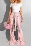Pinkfarbene, lässige, gestreifte Patchwork-Hose mit Boot-Schnitt und hoher Taille