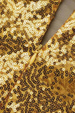 ゴールド セレブ エレガント ソリッド パッチワーク ボウ付き Vネック イブニングドレス ドレス