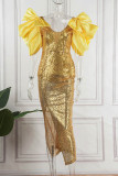Célébrités dorées Patchwork solide élégant avec robes de soirée à col en V et nœud
