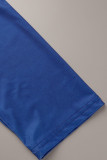Blå Plus Size Sexig Print Pocket Letter V-hals långärmade klänningar