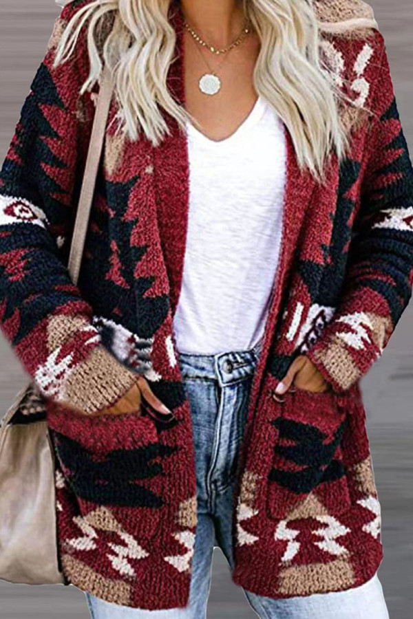Red Casual Patchwork Cardigan Collar Outerwear
