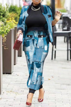 Blue Fashion Casual Print Patchwork Long Sleeve Two Pieces