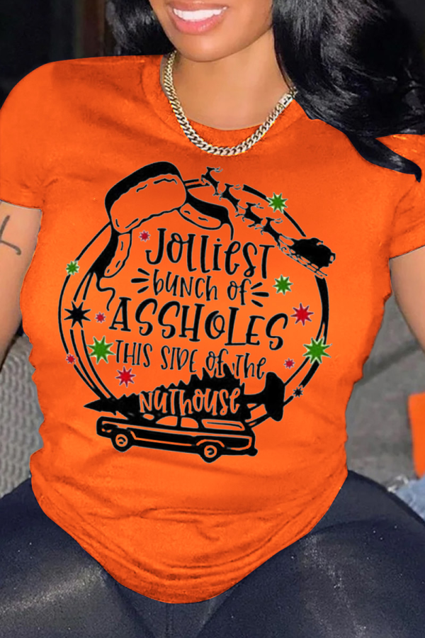 Camisetas con cuello en O de patchwork con estampado de sencillez de fiesta naranja