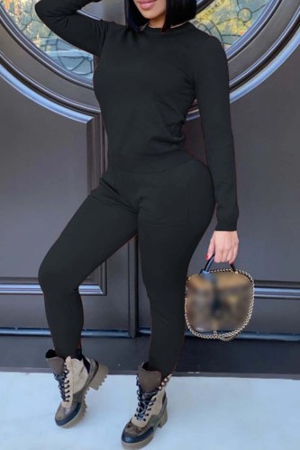 Black Casual Solid Basic O Neck Long Sleeve Two Pieces
