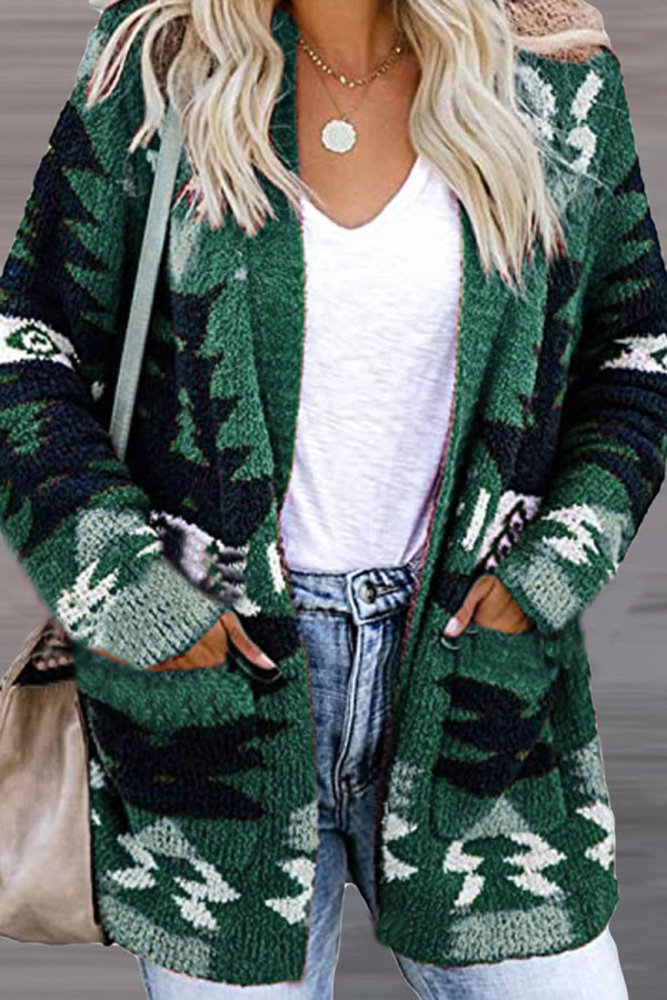 Green Casual Patchwork Cardigan Collar Outerwear