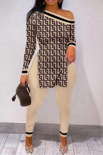 Cream White Street Geometry Print Patchwork Long Sleeve Two Pieces One Shoulder Skinny Pants Sets