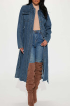 Ковбойская синяя повседневная однотонная лоскутная прямая джинсовая куртка с отложным воротником и длинным рукавом