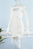 White Sexy Solid Hollowed Out O Neck Long Sleeve Two Pieces