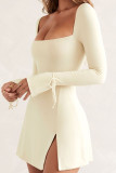Apricot Sexy Solid Bandage Patchwork Slit Square Collar A Line Dresses